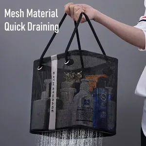 Black mesh shower bag with BATH STORAGE print showing quick-dry drainage function