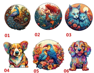 Selection of six colorful irregular wooden animal puzzles with artistic oil painting patterns