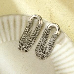 Polished silver U-shaped stainless steel earrings with elegant long hanging chain tassels