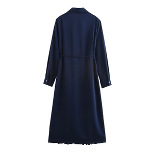Elegant navy satin long-sleeve dress featuring a pleated waist and back view with tie belt