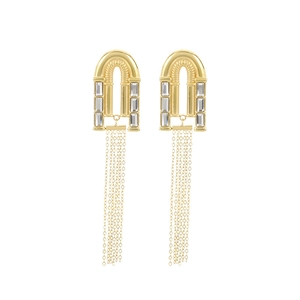 Boucles d'oreilles longues à pompons dorés 18 carats avec cristaux et détails en arc