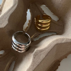 Three-layer geometric open rings in polished gold and silver finishes for women