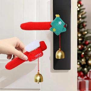 Christmas Santa Claus door handle covers with knitted plush trees and bells decoration