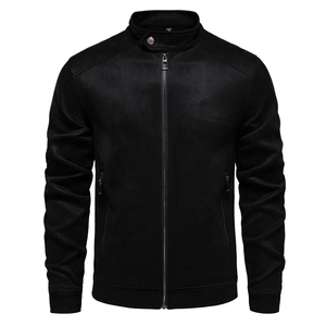 Detail of a black suede jacket with a stand collar, metal snap button, and smooth zipper