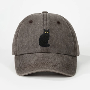 Berretto da baseball vintage in cotone lavato grigio antracite con ricamo gatto