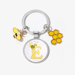 Cute bee and honeycomb keychain with silver ring, yellow bee charm and letter E pendant