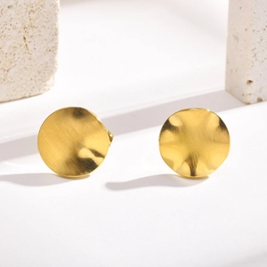 Minimalist irregular golden round stud earrings in brushed stainless steel for women