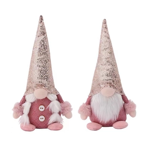 Pink and rose gold Christmas gnomes with sequins and plush details on a white background