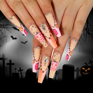 Faux Ongles à Coller Halloween Mat Rose Français Citrouille Longue Ballerine Avec Décoration en Strass pour Fête Femme
