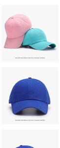 Vertical display showing pink, light blue, and royal blue cotton twill baseball caps