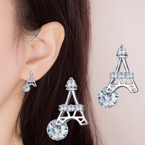 Elegant silver Eiffel Tower stud earrings with sparkling crystals for women