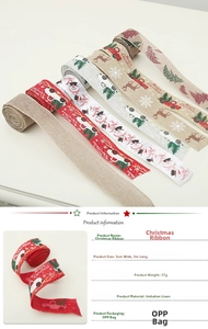 Detail of 5cm faux burlap Christmas ribbon with snowman and reindeer festive patterns