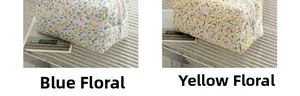 Detailed comparison of blue and yellow floral quilted cotton toiletry bags on glass