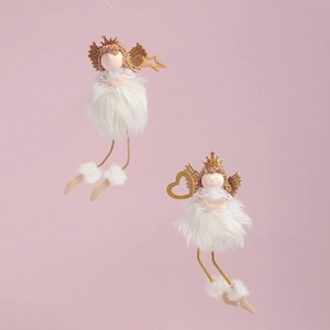 Pair of plush Christmas angel ornaments with gold wings and crowns on pink background