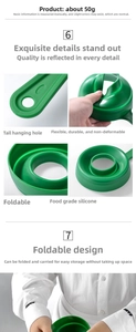 Dettaglio dell'imbuto pieghevole in silicone verde alimentare con foro per appenderlo e 50g