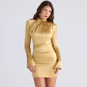 Elegant gold long sleeve turtleneck satin mini dress with ruched bodycon fit for women