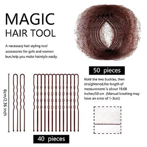 Hair styling set including 40 brown U-pins (6cm) and 50 hair net bun maker tools