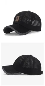 Detailansicht einer schwarzen Mesh-Baseballcap mit braunem Lederpatch und Netzstruktur
