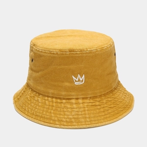 Vintage ginger yellow washed cotton bucket hat with white crown embroidery detail