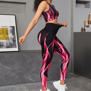 Seamless gradient high-stretch yoga set with flame print sports bra and high waist leggings