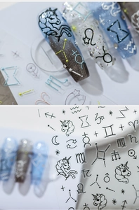 Detail von 3D-Sternzeichen und Einhorn Nagelaufklebern mit dünner Klebeschicht für Maniküre
