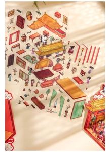 Detailed view of Chinese palace theme stickers with ancient architecture and figures