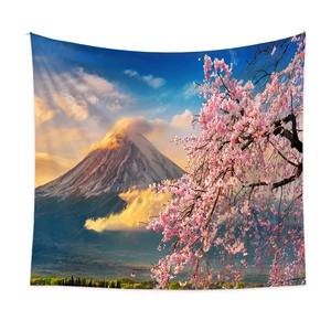 Detail of Mount Fuji tapestry featuring pink cherry blossoms and sunset landscape