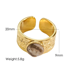 Detail view of gold titanium ring with 9mm faceted stone and weight specifications