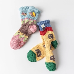 Kawaii coral fleece crew socks with cartoon house pattern and colorful patchwork design