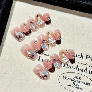 Handmade Press On Nails Christmas Theme French Style Stereoscopic Tree Rhinestone Artificial Pearl Fake Nails Reusable Women