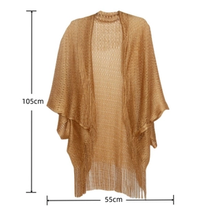 Detailed size view of gold knit shawl featuring long tassels, 105cm length x 55cm width