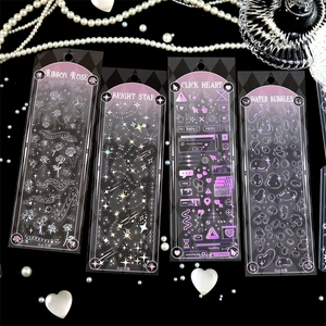 Macro view of holographic PET stickers with laser silver rose and star motifs on dark background