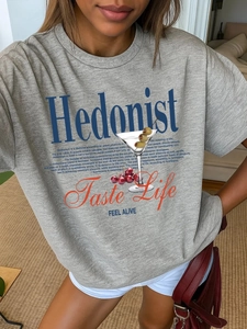 Oversize γκρι βαμβακερό t-shirt με πολύχρωμο Hedonist τύπωμα και γραφικό σχέδιο