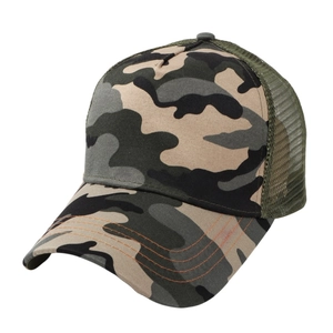 Camo trucker hat with breathable mesh back and orange stitching detail in a 45-degree side view