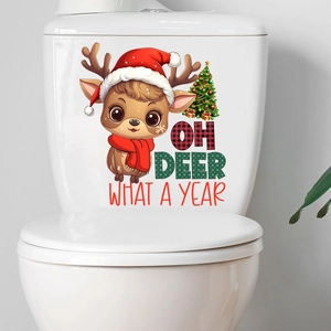 Christmas Reindeer and Tree Waterproof Toilet Tank Sticker with Oh Deer Text