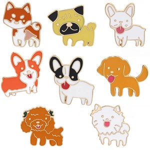 Set of 8 cute enamel dog brooches including Corgi and Bulldog with golden metal borders