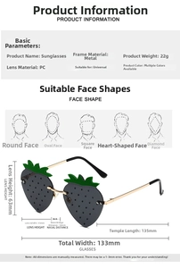 Detailed size guide for strawberry rimless sunglasses with metal frame and PC lenses