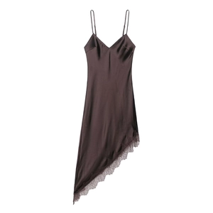 Robe Camisole En Satin Dentelle Patchwork Col En V Ourlet Asymétrique Marron Café Sans Manches Robes Fourreau Élégantes