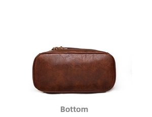 Detailed bottom view of dark brown faux leather backpack with vintage lychee texture