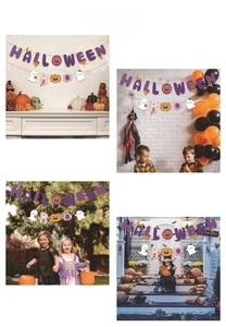 Detail view showing Halloween banners with ghosts and pumpkins in various party settings