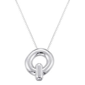 Close-up of silver minimalist balloon letter necklace with a polished puff pendant