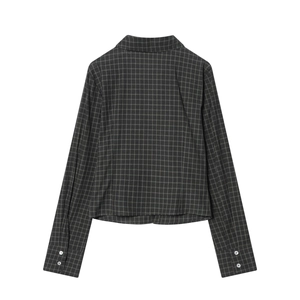 Slim fit gray plaid long sleeve shirt with classic turn-down collar and button cuffs back view