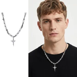 Titanium steel necklace with ice-cracked stone and cross star pendant on model