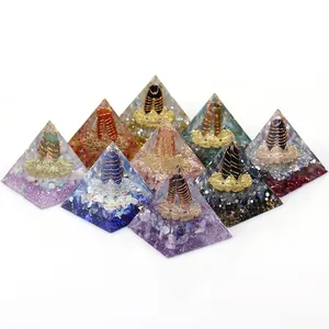 Set of nine Orgone energy pyramids with natural healing crystals and copper coils