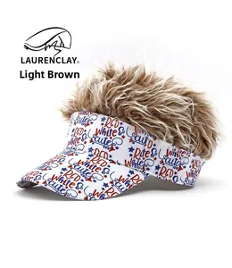 Detail of white baseball cap featuring light brown wig hair and US flag style lettering