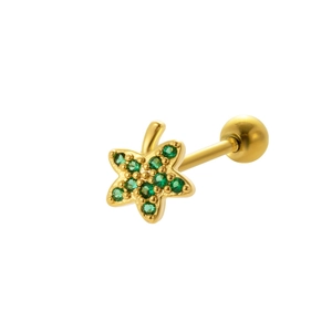 Macro shot of gold starfish helix stud with green gemstones and screw-back closure