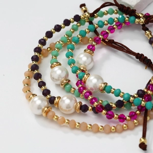 Five-piece bohemian handmade pearl and colorful crystal bead friendship bracelet set