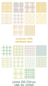 Detail view of various grid patterns in cream yellow and lime green stationery set