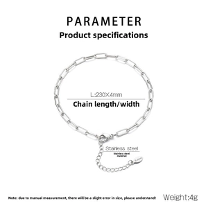 Detail of stainless steel ankle chain featuring lobster clasp and 230mm length specs
