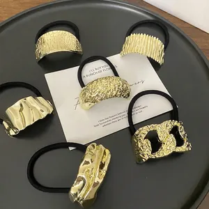 6-piece gold geometric metal ponytail cuff hair ties with assorted textures